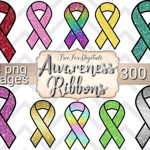 Op de afbeelding: Set van 34 digitale afbeeldingen van glitter bewustzijnslintjes in verschillende kleuren, waaronder rood, roze, teal, geel, regenboog, zilver en groen. De afbeeldingen zijn 300 dpi en perfect voor het maken van knutselwerk, scrapbooking of digitale ontwerpen.