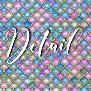 May include: A seamless pattern of iridescent mermaid scales in shades of blue, green, pink, and gold. The scales have a shimmery, glittery effect.
