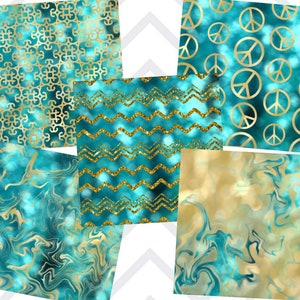 May include: Set of six digital paper patterns featuring a teal and gold colour scheme. The patterns include a geometric design, a chevron pattern, a peace sign pattern, and three marbleized patterns.
