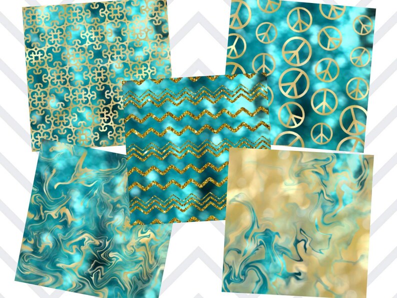 May include: Set of six digital paper patterns featuring a teal and gold colour scheme. The patterns include a geometric design, a chevron pattern, a peace sign pattern, and three marbleized patterns.
