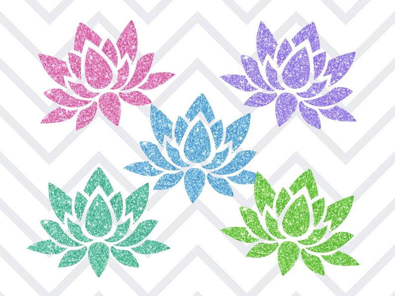 K&ouml;nnte beinhalten: F&uuml;nf glitzernde Lotusblumen-Designs in Pink, Blau, Lila, Gr&uuml;n und T&uuml;rkis. Die Blumen sind vor einem wei&szlig;en Hintergrund mit einem grauen Zickzackmuster angeordnet. Die Lotusblumen sind ein beliebtes Designelement.