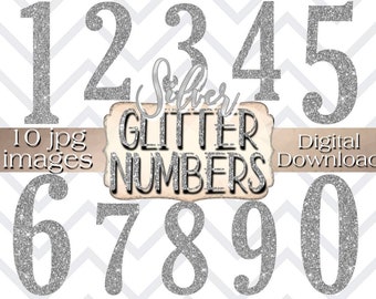 May include: A digital download graphic featuring silver glitter numbers 0-9. The numbers are displayed against a white and gray chevron pattern background. The words "Silver Glitter Numbers" are also displayed.