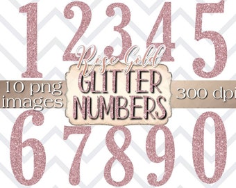May include: Ten digital images of rose gold glitter numbers, 0 through 9, in a white background with a chevron pattern. The numbers are 300 dpi and are available as PNG files.