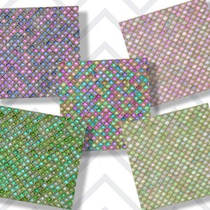May include: Four digital paper patterns featuring iridescent mermaid scales in shades of pink, blue, and green with gold accents.