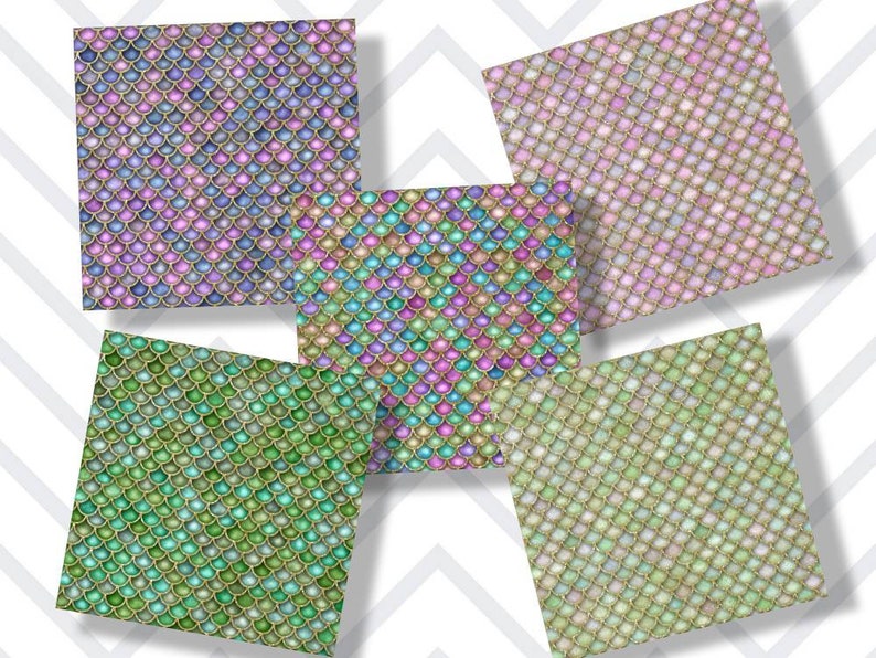 May include: Four digital paper patterns featuring iridescent mermaid scales in shades of pink, blue, and green with gold accents.
