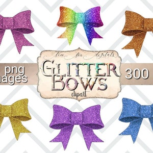 Könnte beinhalten: Sechs Glitzer-Schleifen in verschiedenen Farben, darunter Lila, Gold, Blau und ein Regenbogen-Farbverlauf. Der Text "Glitter Bows clipart" und "31 png images 300 dpi" ist ebenfalls enthalten. Die Schleifen sind vor einem weißen und grauen Zickzackmuster angeordnet.