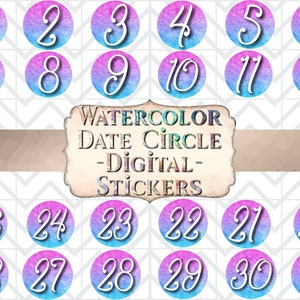 May include: A set of 31 watercolor circle stickers with numbers 1 through 31. The stickers are in shades of pink and blue.