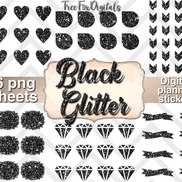 Black glitter digital planner stickers, digital planning stickers for Goodnotes Metamoji, black digital planner stickers