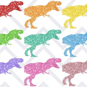 May include: A set of nine glitter dinosaur silhouettes in various colours, including red, orange, yellow, green, blue, light blue, purple, pink, and rose gold. The dinosaurs are all facing right and have a simple, cartoon-like design.