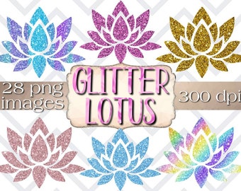 May include: A collection of glitter lotus flower images in various colors, including blue, purple, gold, pink, and rainbow. The image also includes the text "Glitter Lotus", "28 png images", and "300 dpi". The background has a white and gray chevron pattern.