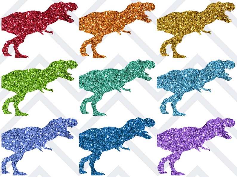 May include: Nine glitter dinosaur silhouettes in various colours, including red, orange, yellow, green, teal, blue, and purple. The dinosaurs are all facing the right and have a sparkly texture.