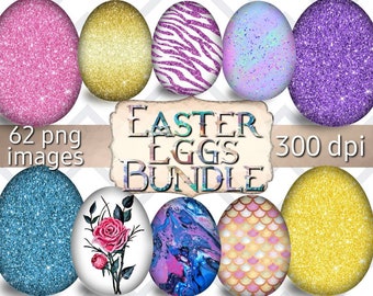 May include: A set of 62 digital images of Easter eggs in various colors and patterns, including glitter, zebra stripes, mermaid scales, and floral designs. The images are 300 dpi and are perfect for crafting and digital projects.