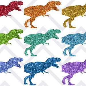 May include: Nine glitter dinosaur silhouettes in various colours, including red, orange, yellow, green, teal, blue, and purple. The dinosaurs are all facing the right and have a sparkly texture.