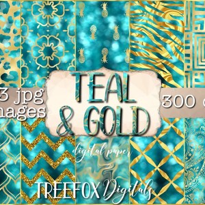 May include: A digital paper pack featuring 33 teal and gold patterned images. The patterns include pineapples, leopard print, paisley, and geometric designs. The text "TEAL & GOLD" is in the centre of the image.