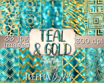 May include: A digital paper pack with 33 teal and gold patterned images. The patterns include pineapples, leopard print, paisley, and geometric designs. The text "TEAL & GOLD" is in the center of the image.