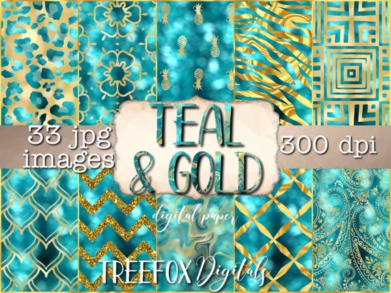Teal & gold digital paper, turquoise and gold digital paper, 33 jpg images, metallic glitter turquoise and gold backgrounds digital download