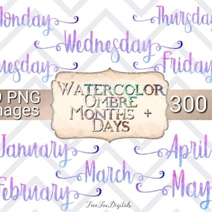 Etiquetas de meses e dias em aquarela Ombre, adesivos de planejador digital em aquarela, dias da semana em aquarela ombre, adesivos Goodnotes em aquarela