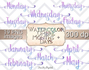 Watercolor Ombre Months Days labels, watercolor digital planner stickers, watercolor ombre days of the week, watercolor Goodnotes stickers