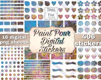 May include: A digital sticker sheet set featuring 406 paint pour stickers. The stickers are in various shapes, including hearts, flowers, diamonds, and geometric shapes. The stickers are in a variety of colors, including pink, blue, yellow, and gold. The stickers are perfect for adding a touch of whimsy to your crafts and projects.