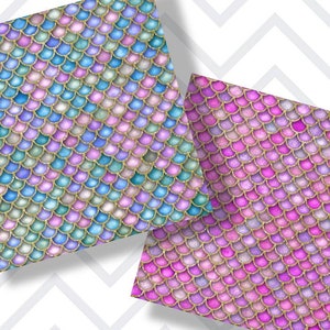May include: Two digital paper patterns featuring iridescent mermaid scales with a gold glitter overlay. The scales are arranged in a diagonal pattern. One pattern is in shades of blue, green, and purple, while the other is in shades of pink and purple.