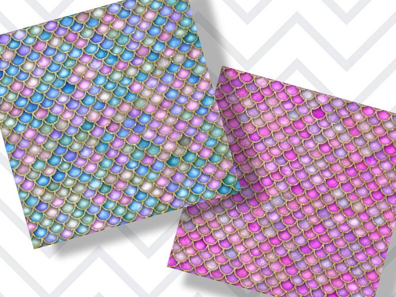 May include: Two digital paper patterns featuring iridescent mermaid scales with a gold glitter overlay. The scales are arranged in a diagonal pattern. One pattern is in shades of blue, green, and purple, while the other is in shades of pink and purple.