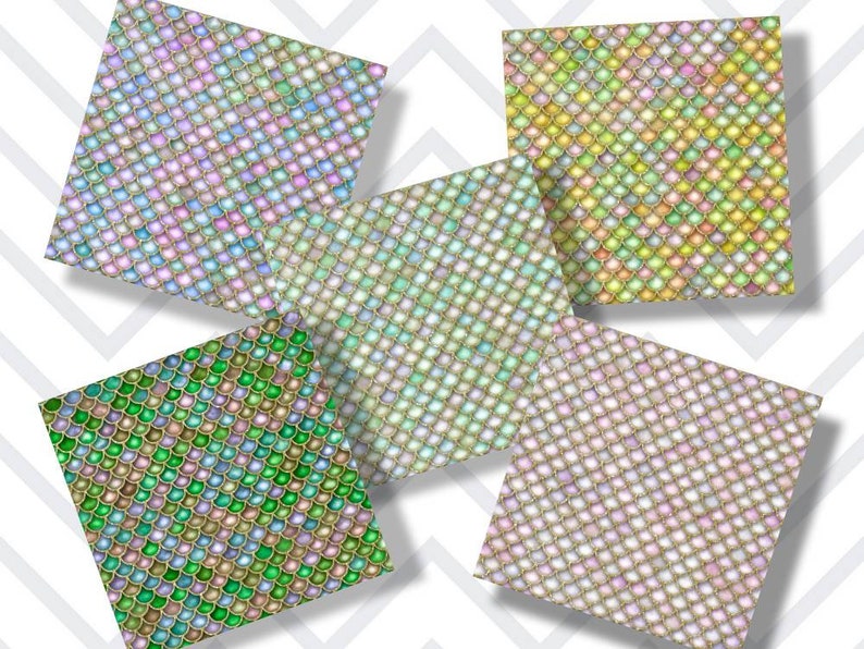 May include: Five digital paper patterns featuring a mermaid scale design in various colours, including green, blue, pink, and yellow.