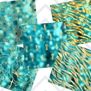 May include: Five digital paper designs featuring teal and gold patterns. The patterns include pineapples, floral designs, and zebra stripes.
