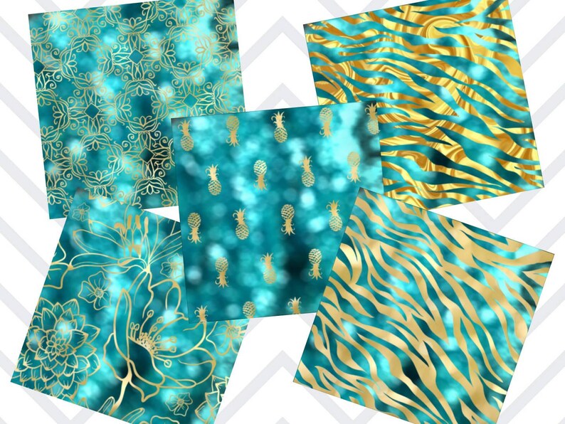 May include: Five digital paper designs featuring teal and gold patterns. The patterns include pineapples, floral designs, and zebra stripes.