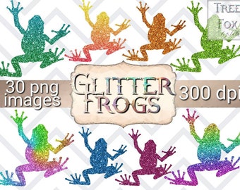 May include: 30 digital images of glitter frogs in various colors, including green, blue, orange, pink, and rainbow. The images are 300 dpi and are perfect for crafting projects, scrapbooking, or digital design.