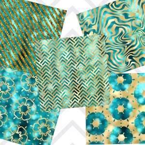 May include: Set of six digital paper patterns featuring a teal and gold colour scheme. The patterns include stripes, chevron, marble, and floral designs.