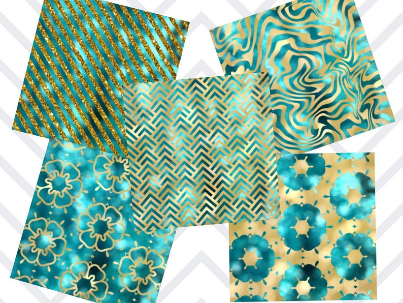 May include: Set of six digital paper patterns featuring a teal and gold colour scheme. The patterns include stripes, chevron, marble, and floral designs.