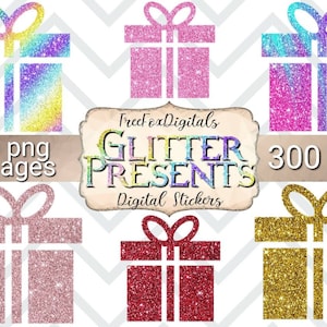 Christmas present clip art digital stickers, glitter present icons, planner icons, planner clipart, digital planner sticker, present clipart