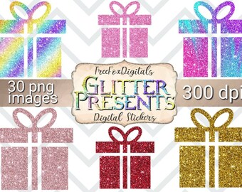 Christmas present clip art digital stickers, glitter present icons, planner icons, planner clipart, digital planner sticker, present clipart