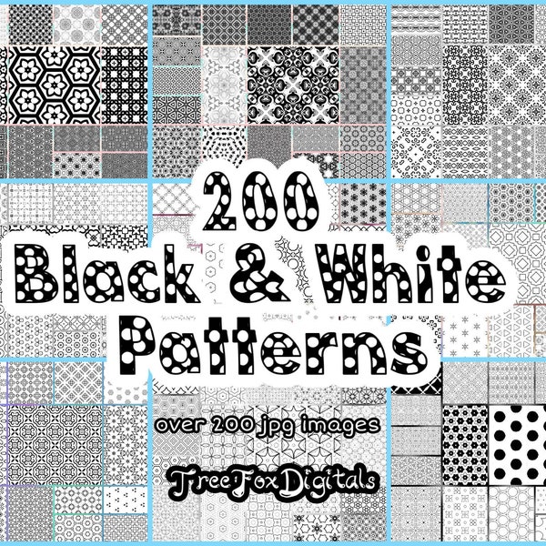 Black and white digital paper download, 200 b&w digital paper patterns jpg, small commercial use black and white digital paper mega bundle