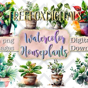 Digital Download, Watercolor style plant graphics, 21 png images, transparent backgrounds, plant design bundle, works with Goodnotes