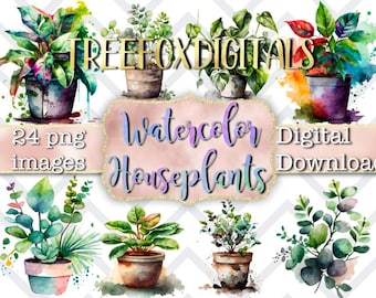 May include: A set of 24 watercolor digital images of houseplants in pots. The images are in a variety of colors and styles, and they are perfect for use in digital scrapbooking, card making, and other craft projects.  The text "TREEFOXDIGITALS Watercolor Houseplants Digital Download" is visible in the image.