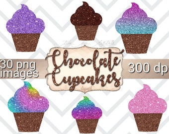 May include: 30 digital images of chocolate cupcakes with glitter frosting in various colors, including purple, blue, pink, and rainbow. The cupcakes are 300 dpi.