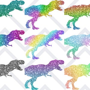 May include: Nine glitter dinosaur silhouettes in various rainbow colours, including teal, purple, silver, and gold. The dinosaurs are facing right and are set against a white background with a chevron pattern.