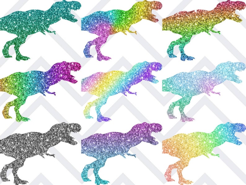 May include: Nine glitter dinosaur silhouettes in various rainbow colours, including teal, purple, silver, and gold. The dinosaurs are facing right and are set against a white background with a chevron pattern.