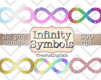 May include: Set of 32 digital images of infinity symbols in various glitter colors, including pink, blue, rainbow, gold, and rose gold. The images are 300 dpi and perfect for crafting and design projects.