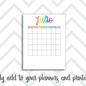 May include: A printable calendar for the month of July with the word "Julio" written in rainbow colors at the top. The calendar has a grid with days of the week labeled at the top: "Lunes", "Martes", "Miercoles", "Jueves", "Viernes", "Sabado", "Domingo".