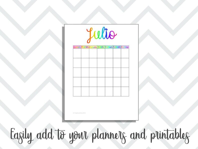 May include: A printable calendar for the month of July with the word "Julio" written in rainbow colors at the top. The calendar has a grid with days of the week labeled at the top: "Lunes", "Martes", "Miercoles", "Jueves", "Viernes", "Sabado", "Domingo".