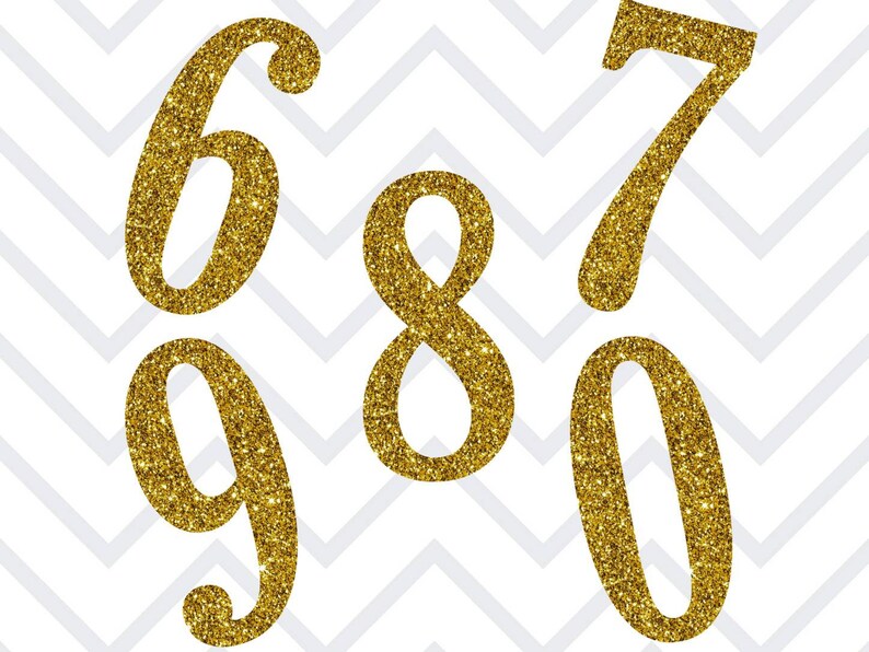 Op de afbeelding: Gouden glittercijfers 6, 7, 8, 9 en 0. De cijfers zijn in een cursief lettertype en zijn in willekeurige volgorde gerangschikt.