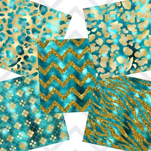 May include: Five digital paper patterns featuring a teal blue background with gold glitter accents. The patterns include a leopard print, chevron, geometric squares, and zebra print.
