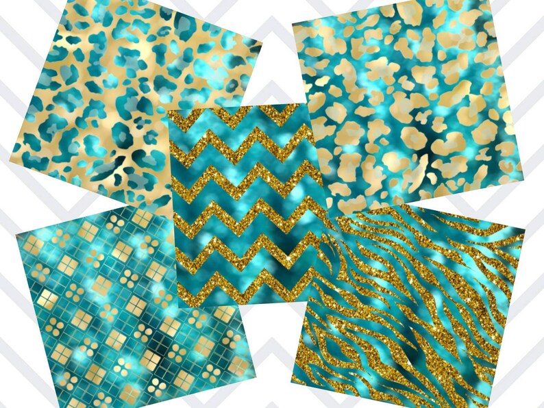 May include: Five digital paper patterns featuring a teal blue background with gold glitter accents. The patterns include a leopard print, chevron, geometric squares, and zebra print.