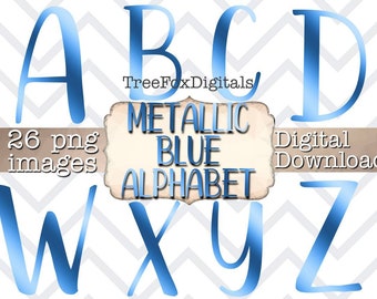 Blue Metallic Alphabet Clipart, Digital Letters (PNG Download)