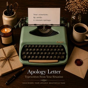 May include: A sage green Consul typewriter with black keys and a paper sheet reading: Your situation. My words. A sincere apology. The typewriter is surrounded by a lit candle, a ceramic mug, a fountain pen, a stack of tied paper, and an envelope.