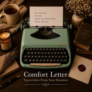 May include: A sage green Consul typewriter with black keys and a paper sheet featuring the text: Your situation. My words. Comfort and understanding. Written with care. The typewriter is surrounded by a candle, a mug, books, and an envelope.