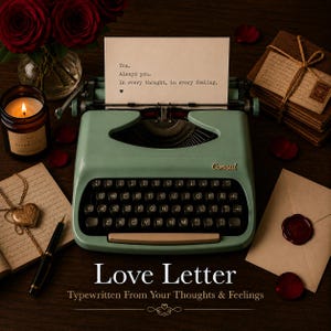 May include: A mint green Consul typewriter with a paper sheet displaying the text: You. Always you. In every thought, in every feeling. The typewriter is surrounded by red roses, a lit candle, a stack of tied letters, a heart pendant, and an envelope.