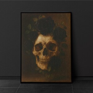 Gothic Black Rose Skull Print: Macabre Halloween Oil Painting (Digital Download)